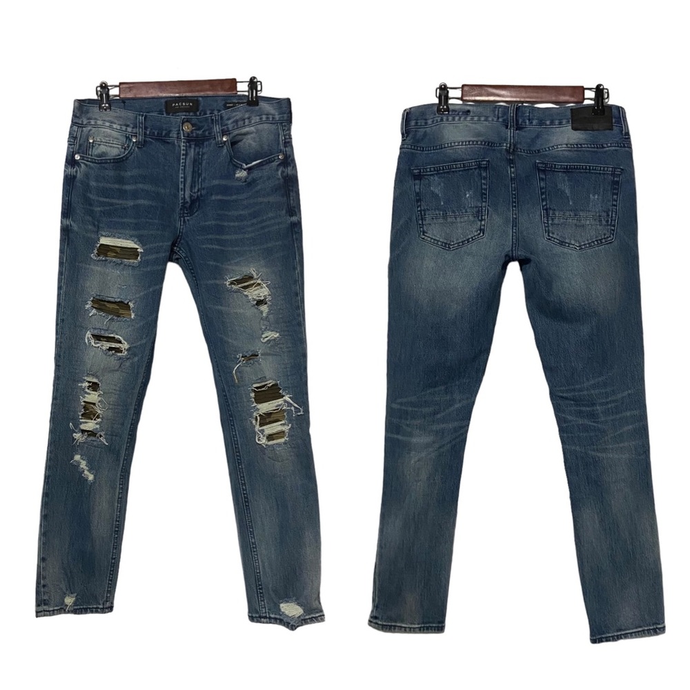 PacSun Comfort Stretch Skinny Camo Stacked Distressed Jeans Blue